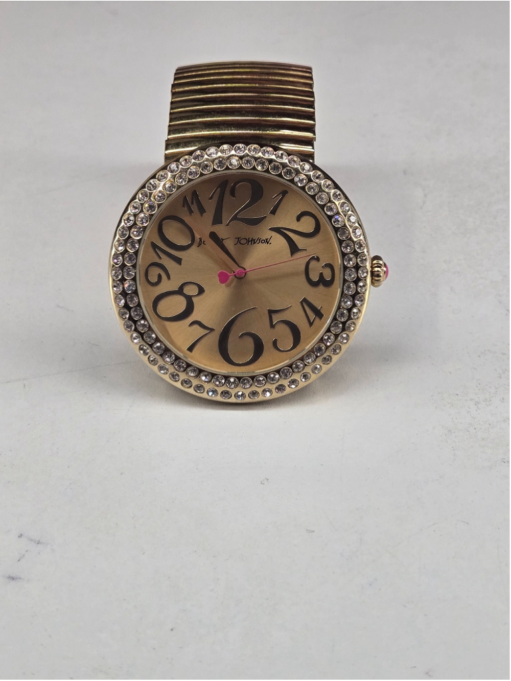 Betsey Johnson Watch Gold Tone Rhinestone Bezel Stretch Band Working Battery - Picture 8 of 9